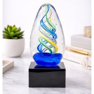 Hand Blown Art Glass Helix Paperweight Trophy Sculpture Cobalt Blue 6.5”